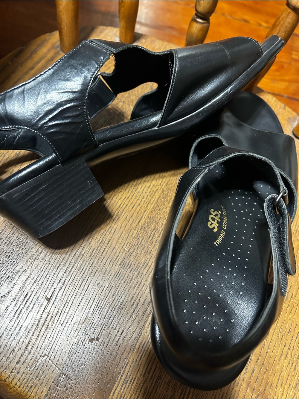 SAS Black Leather Slingback Low Block Heels